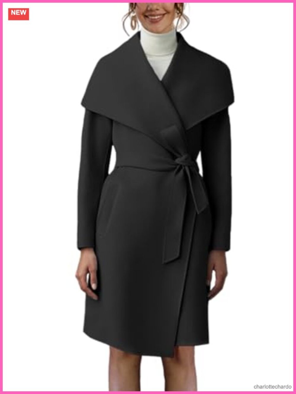 Women's Long Belted Pea Trench Coat Lapel Collar Open Front Overcoat with